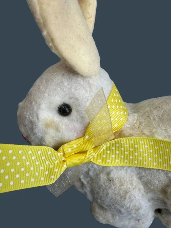 Vintage Flocked Easter Bunny Rabbit Yellow Ribbon 8" Decor Spring Display Worn - Picture 3 of 9